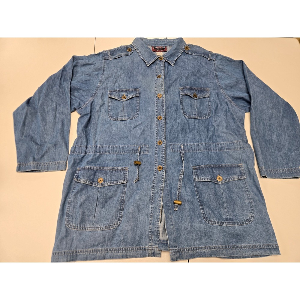 Denim & Co Women 1X Blue Denim Utility Jacket Cotton Drawstring Waist Jacket
